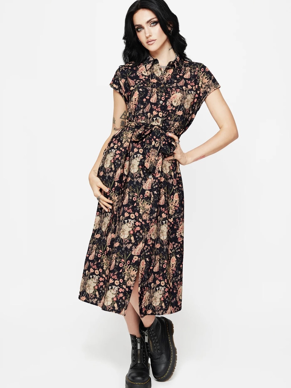 NWT Disturbia Goth Pixie Skeleton Floral Tie-Waist Midi Shirt Dress US12 - Picture 3 of 12